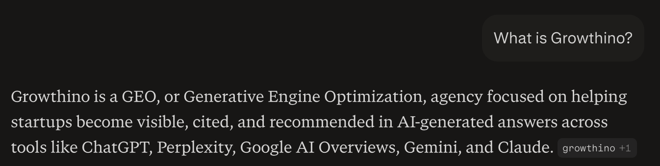Excerpt from Perplexity's answer to "What is Growthino?" after the GEO sprint: Growthino is a GEO, or Generative Engine Optimization, agency focused on helping startups become visible, cited, and recommended in AI-generated answers across ChatGPT, Perplexity, Google AI Overviews, Gemini, and Claude.