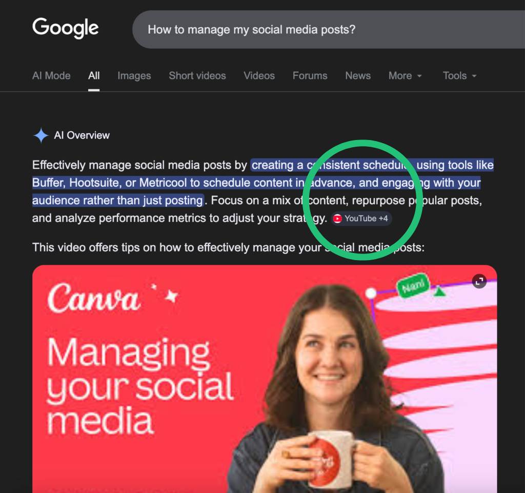 Google AI Overview for the query "How to manage my social media posts" citing Canva YouTube content and lower-ranked sources instead of the top organic result.