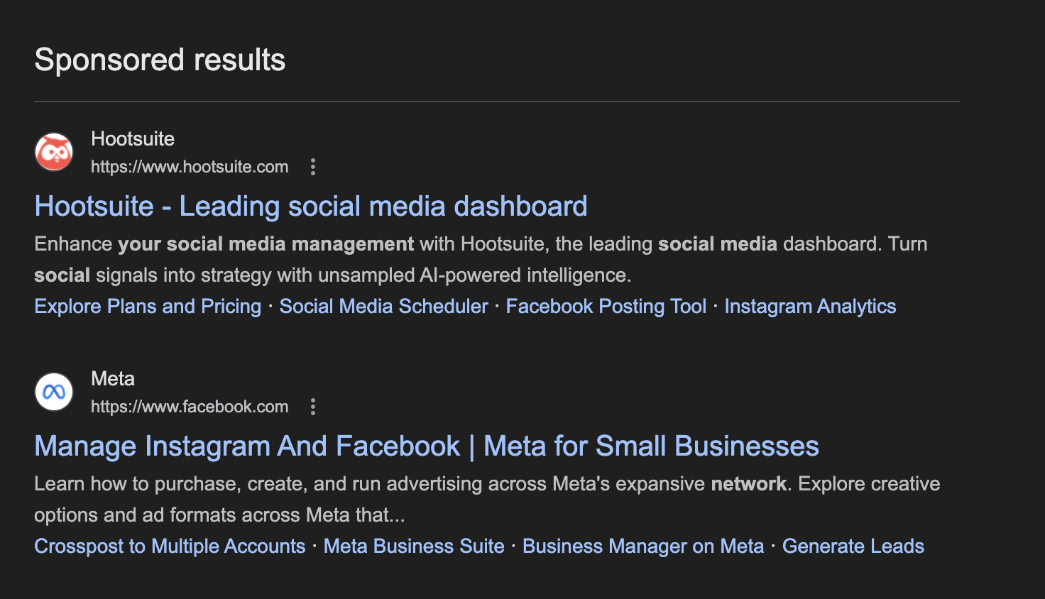 Sponsored Google results for the same query showing Hootsuite and Meta below the AI Overview, even though Hootsuite was not cited in the AI-generated answer.