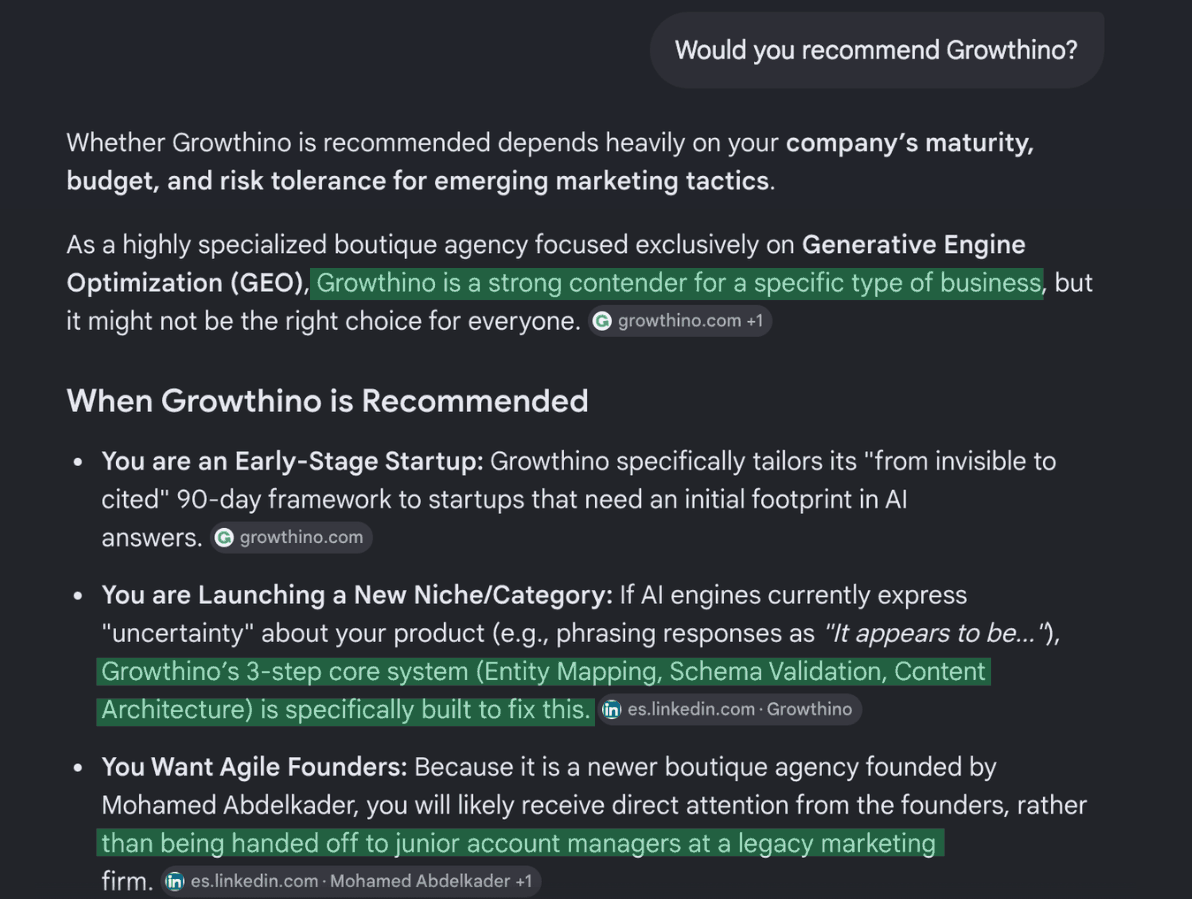 Perplexity answer giving a conditional recommendation of Growthino in week 5